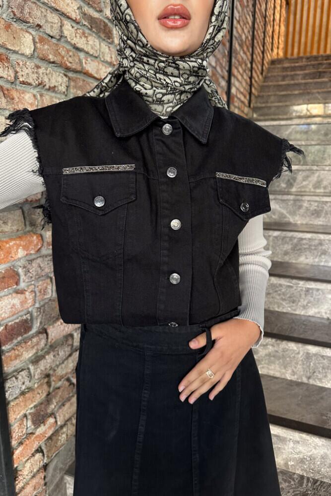 Taşlı Denim Yelek - Siyah - HENZA (1)