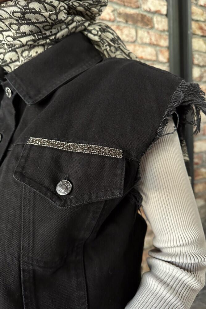 Taşlı Denim Yelek - Siyah - HENZA (3)