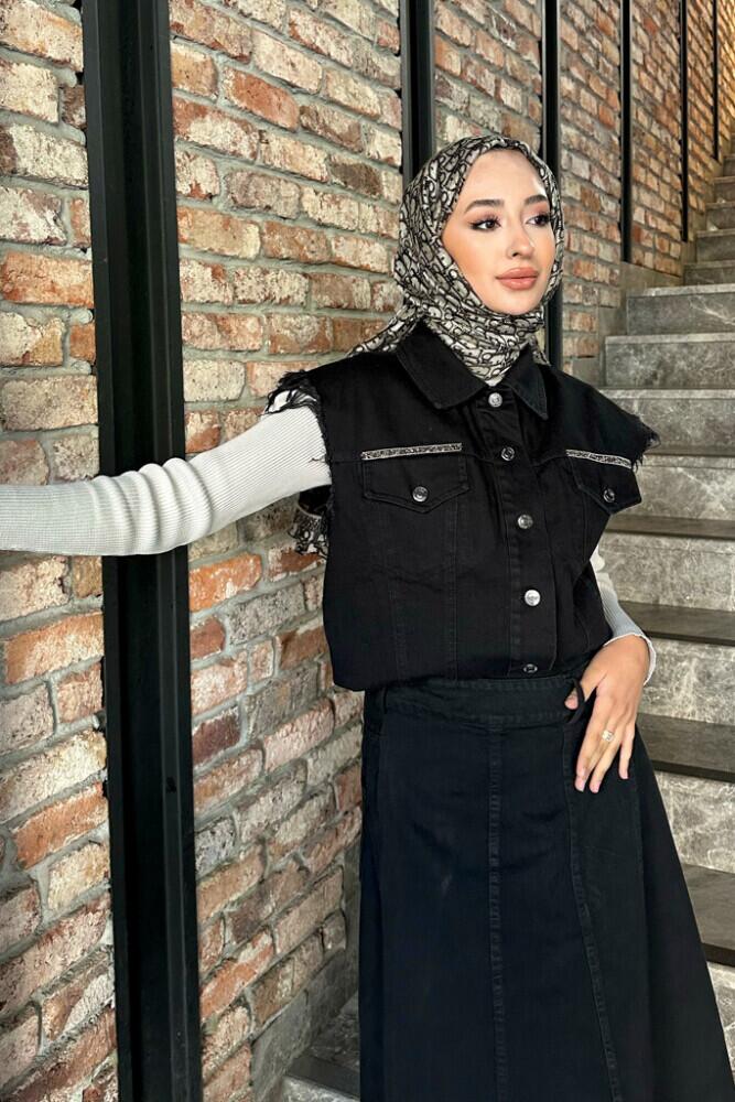 Taşlı Denim Yelek - Siyah - HENZA (4)