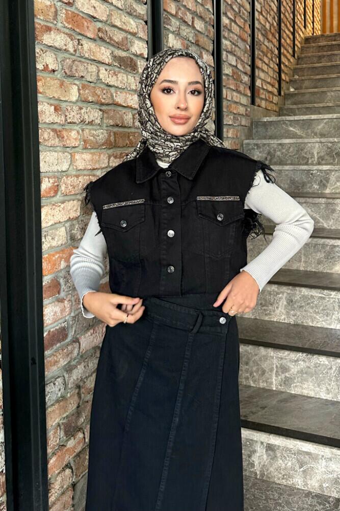Taşlı Denim Yelek - Siyah - HENZA (2)
