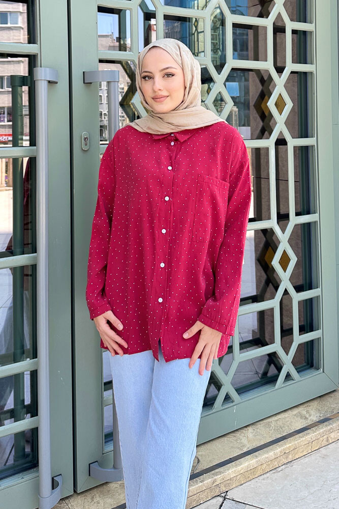 Taşlı Gömlek - Bordo - 5