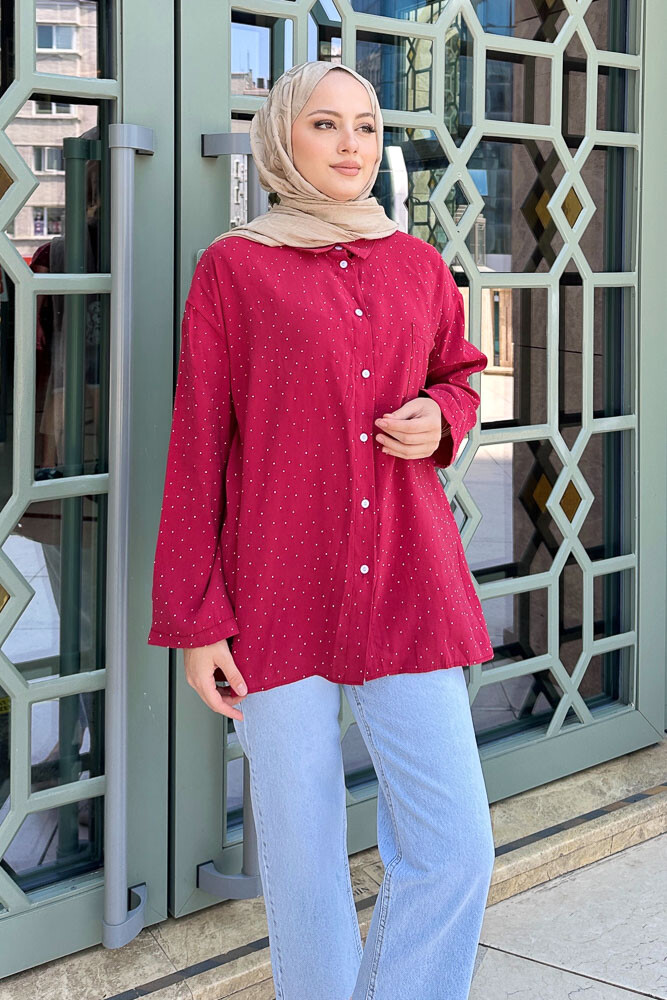 Taşlı Gömlek - Bordo - 2