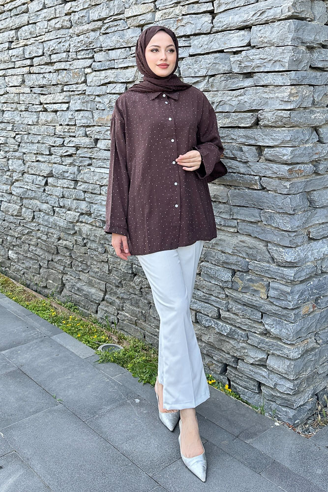 Taşlı Gömlek - Kahverengi 