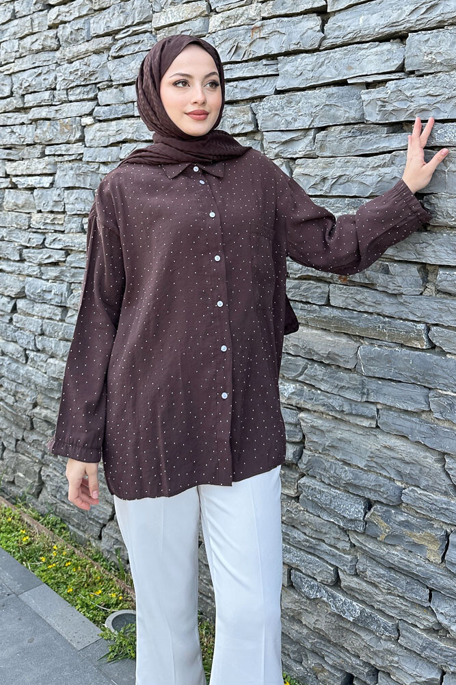 Taşlı Gömlek - Kahverengi - 2