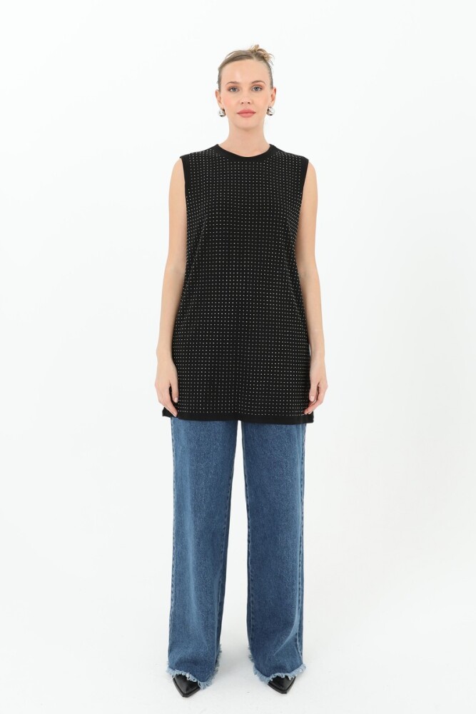 Taşlı Kolsuz İçlik - Siyah - PUANE (4)