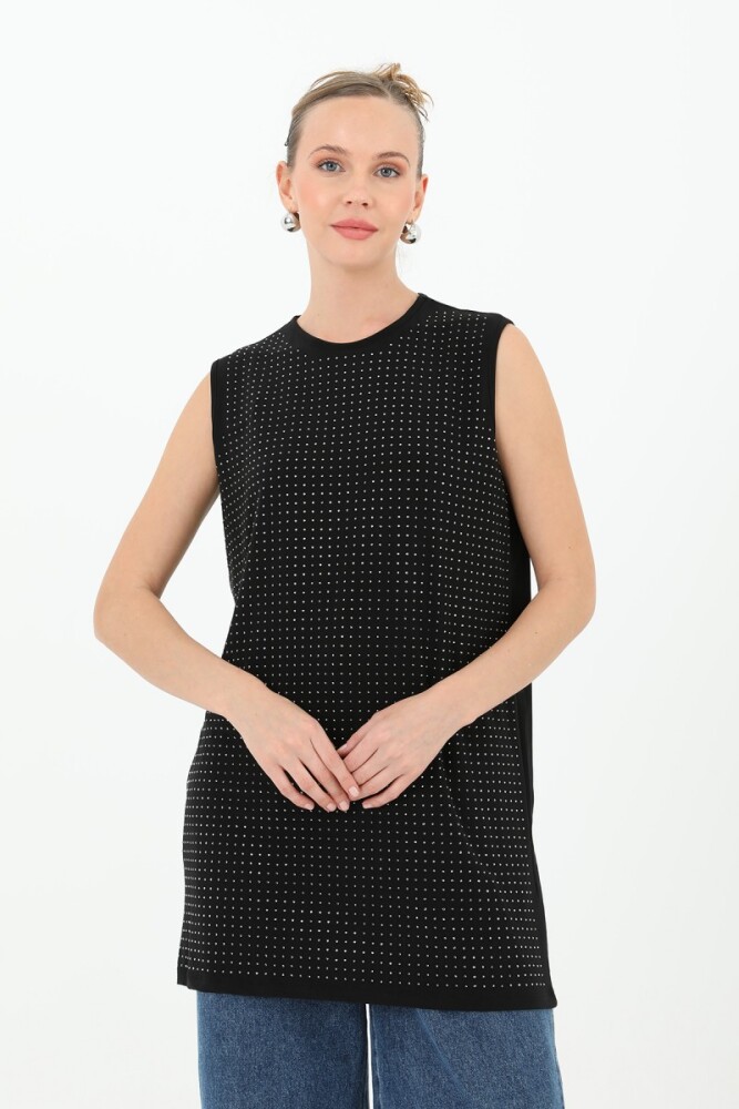 Taşlı Kolsuz İçlik - Siyah - PUANE (2)