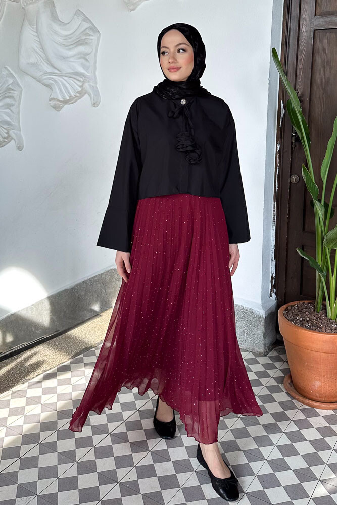 Taşlı Piliseli Şifon Etek - Bordo - İKOL (1)