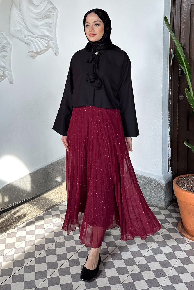 Taşlı Piliseli Şifon Etek - Bordo - İKOL (2)