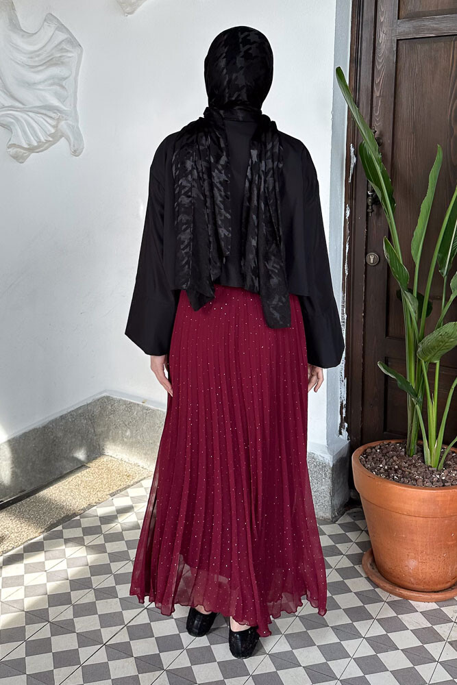 Taşlı Piliseli Şifon Etek - Bordo - İKOL (7)