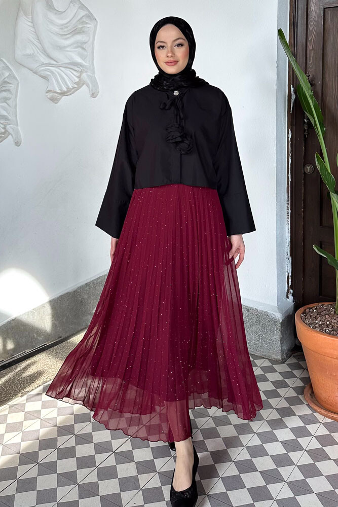 Taşlı Piliseli Şifon Etek - Bordo - İKOL (3)