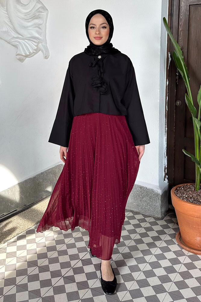 Taşlı Piliseli Şifon Etek - Bordo - İKOL (5)