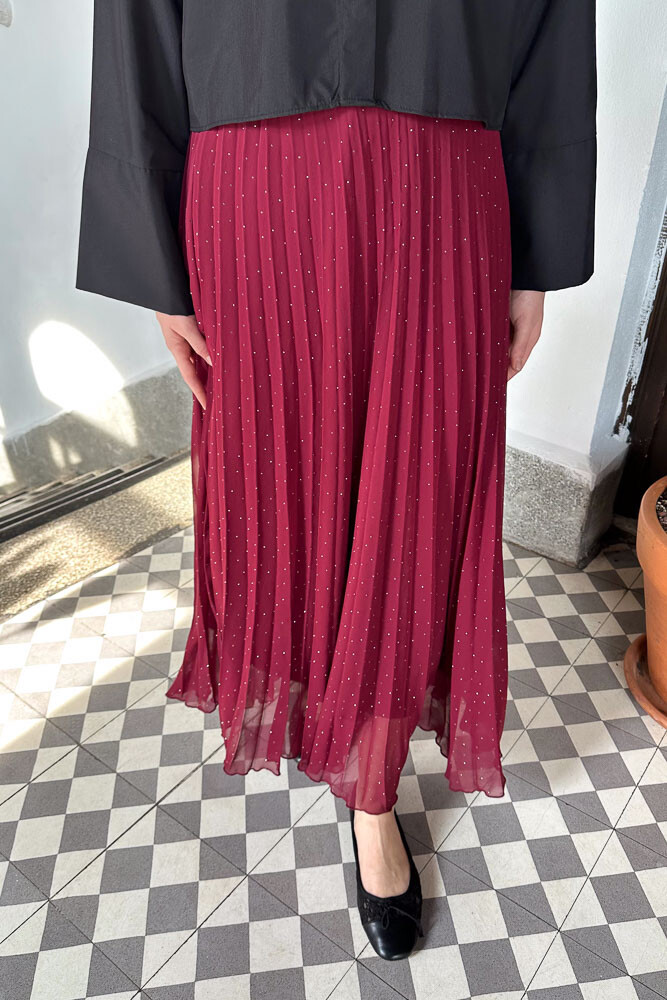 Taşlı Piliseli Şifon Etek - Bordo - İKOL (4)