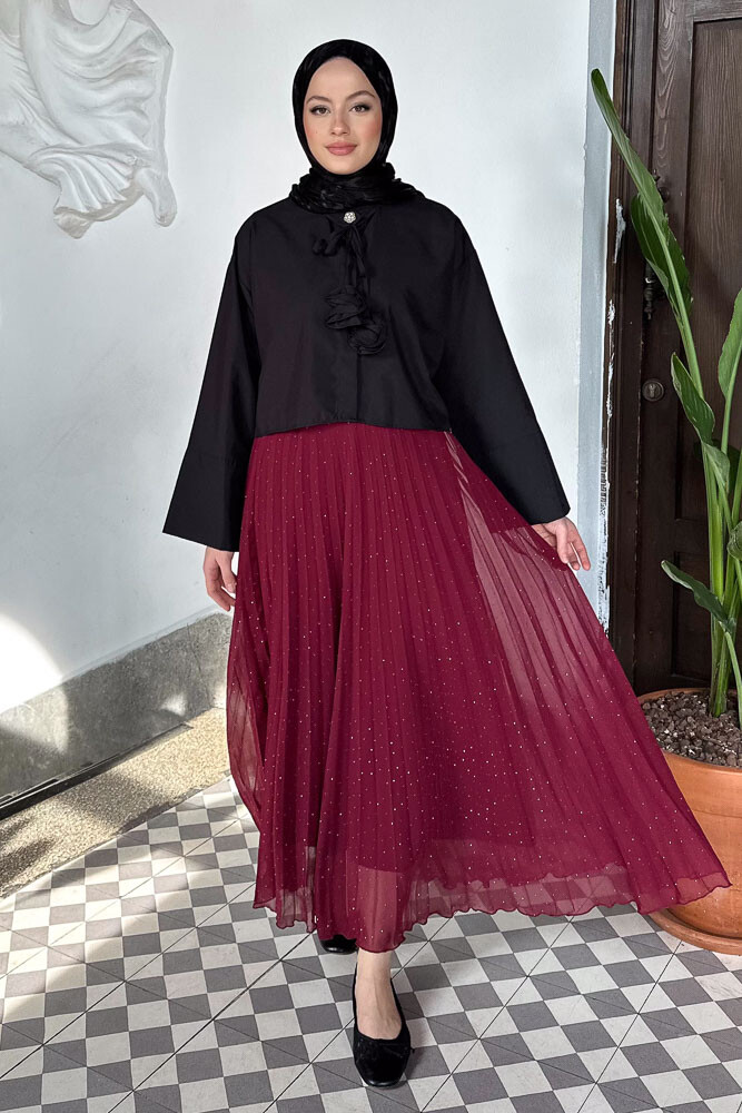 Taşlı Piliseli Şifon Etek - Bordo - İKOL (6)