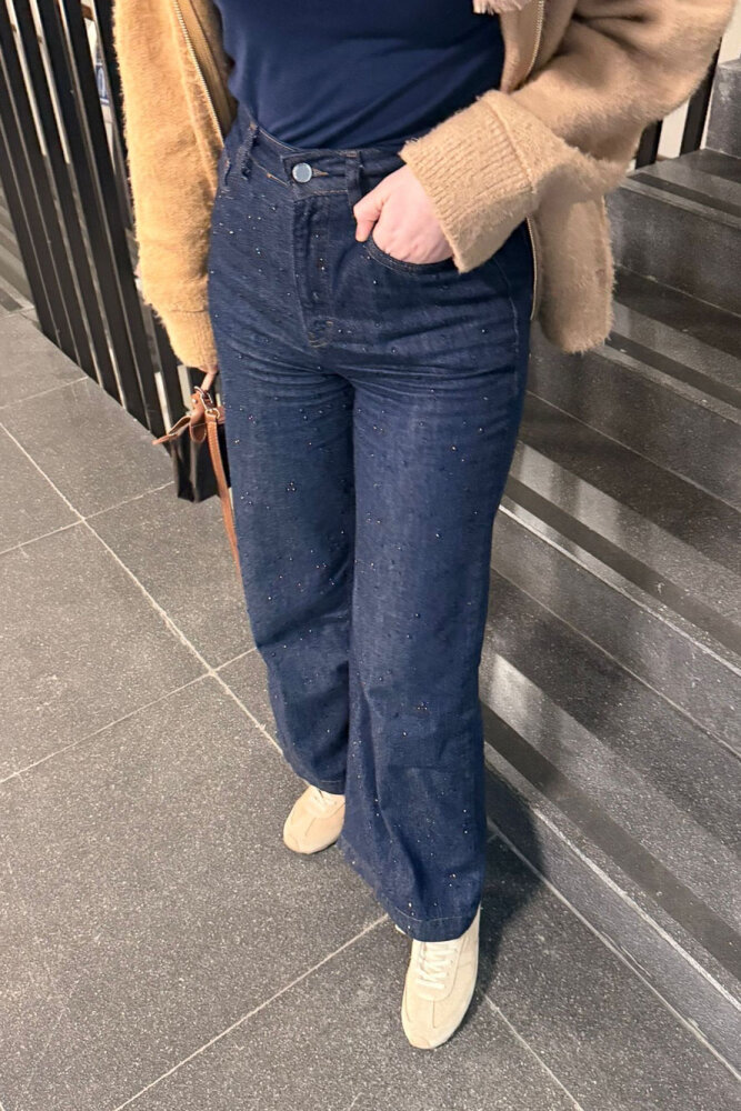 Taşlı Plazzo Denim Pantolon - Lacivert - 1