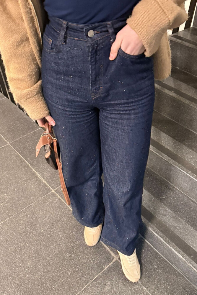 Taşlı Plazzo Denim Pantolon - Lacivert - 3