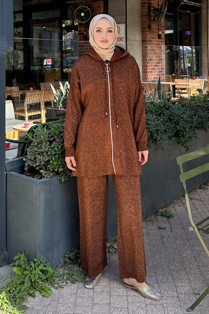 Taşlı Triko Takım - Kahverengi - HEWES (1)