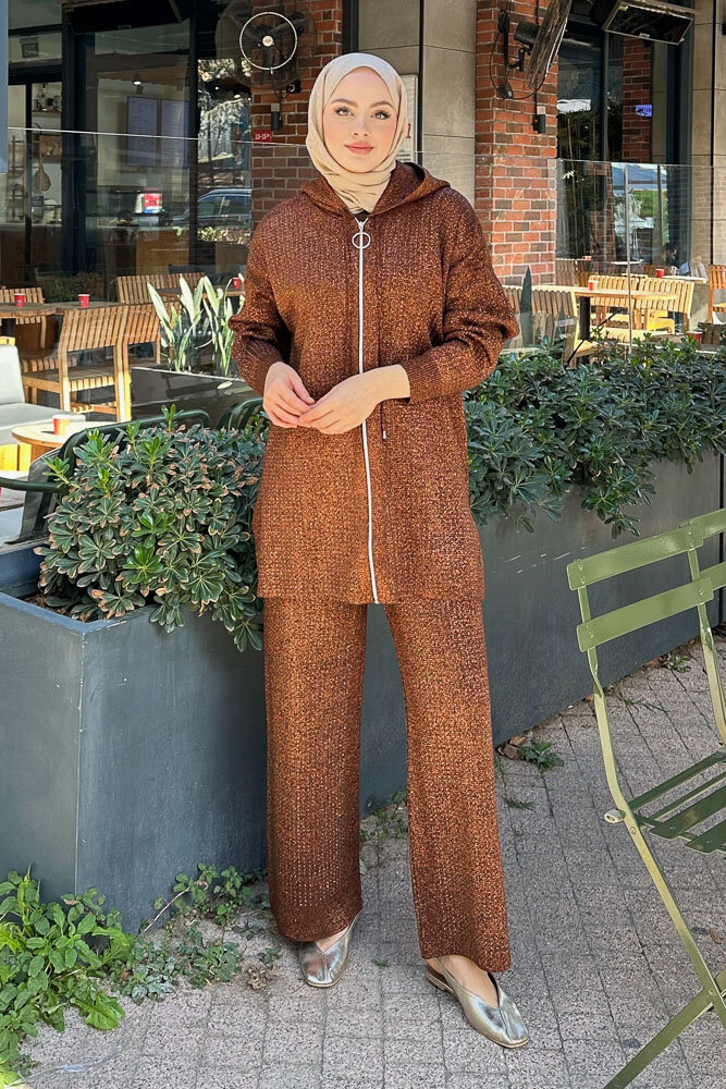 Taşlı Triko Takım - Kahverengi - HEWES (4)