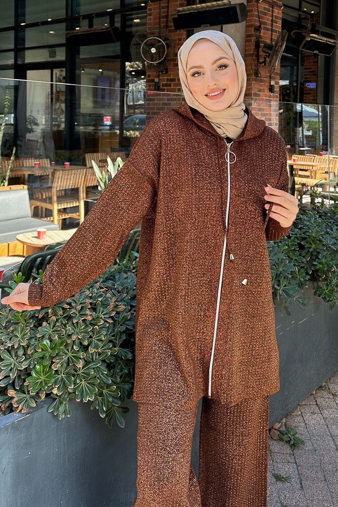 Taşlı Triko Takım - Kahverengi - 4