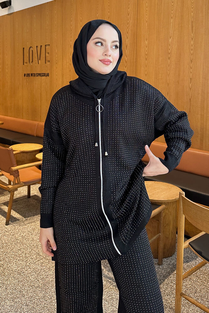 Taşlı Triko Takım - Siyah - HEWES (1)