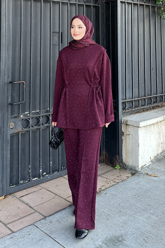 Taşlı Tünel Detaylı Takım - Bordo - 1