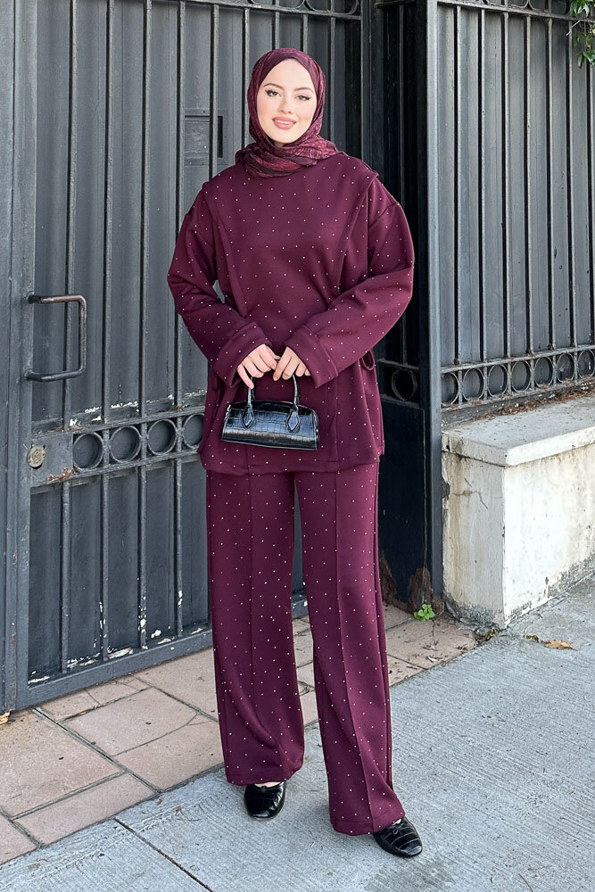 Taşlı Tünel Detaylı Takım - Bordo - HENZA (1)