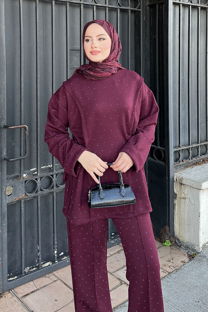 Taşlı Tünel Detaylı Takım - Bordo - HENZA (5)