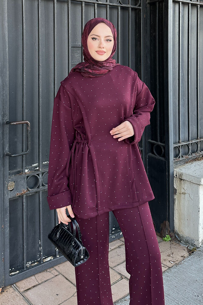 Taşlı Tünel Detaylı Takım - Bordo - HENZA (2)