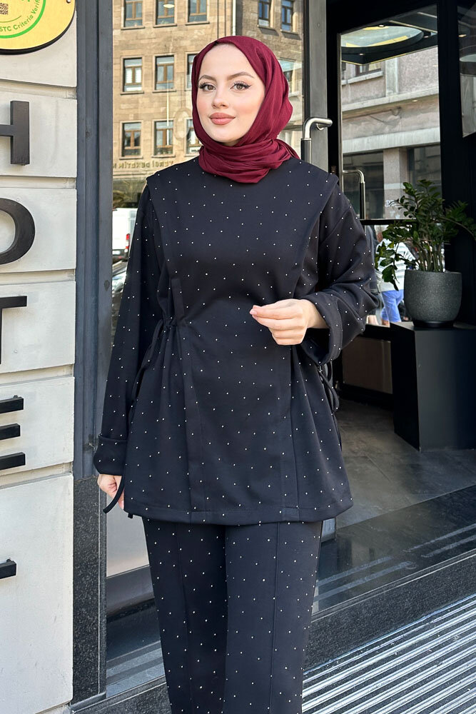 Taşlı Tünel Detaylı Takım - Siyah - HENZA (2)