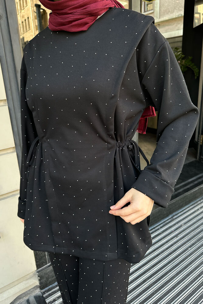 Taşlı Tünel Detaylı Takım - Siyah - HENZA (1)