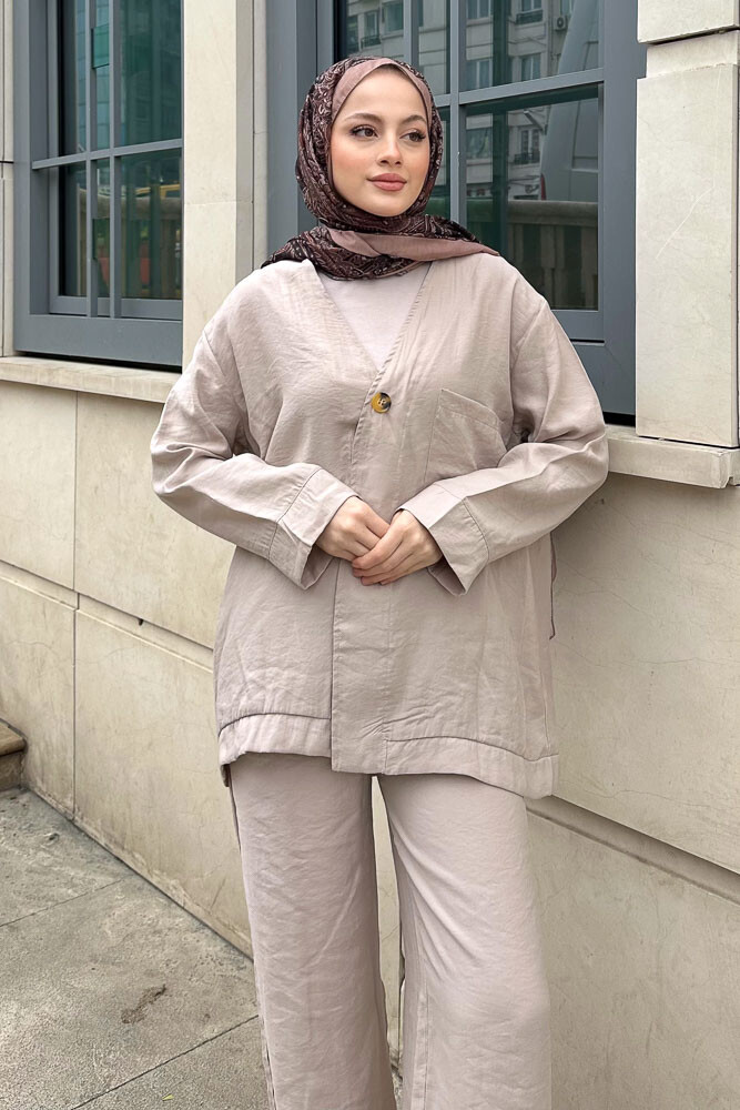 Tek Düğmeli Keten Kimono Takım - Bej - 6