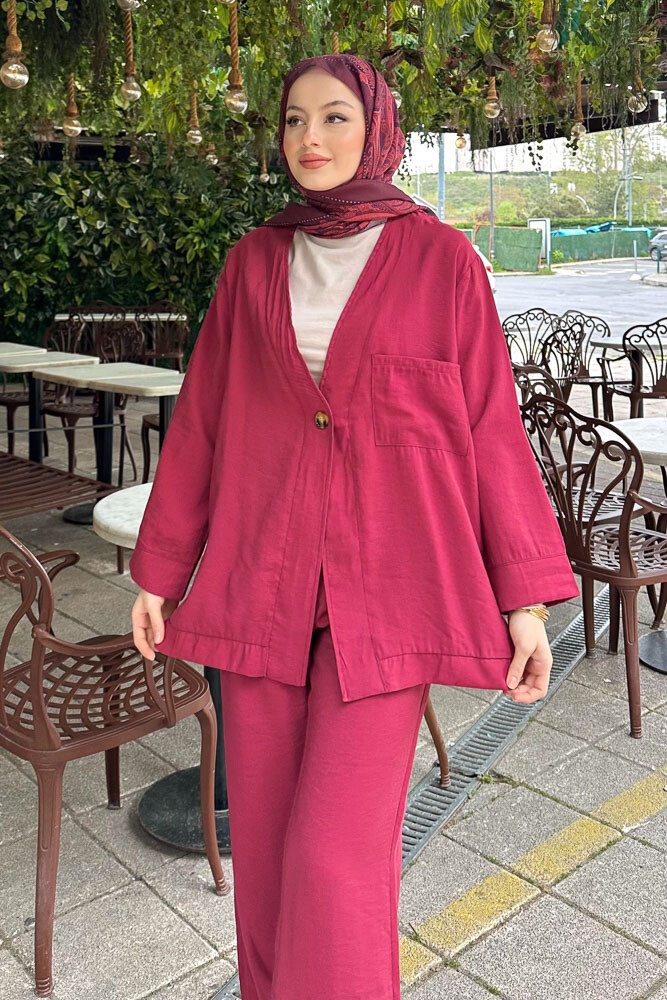 Tek Düğmeli Keten Kimono Takım - Bordo - 2