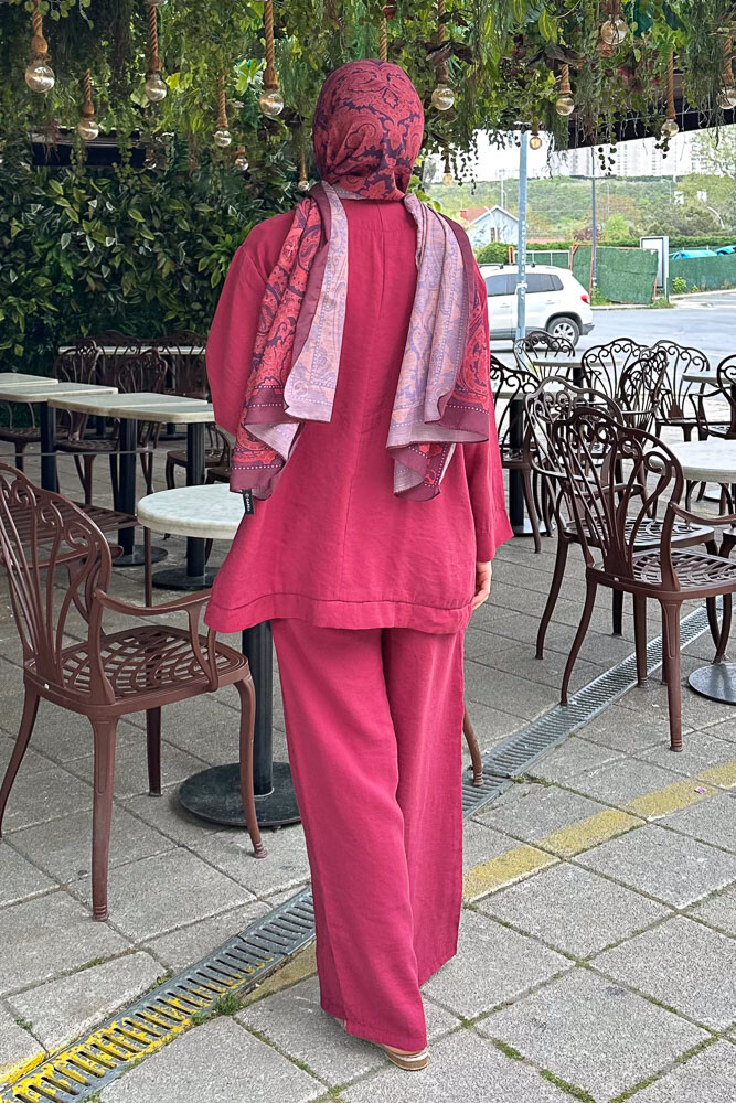 Tek Düğmeli Keten Kimono Takım - Bordo - 5