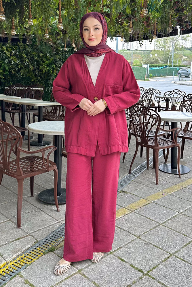 Tek Düğmeli Keten Kimono Takım - Bordo - 6