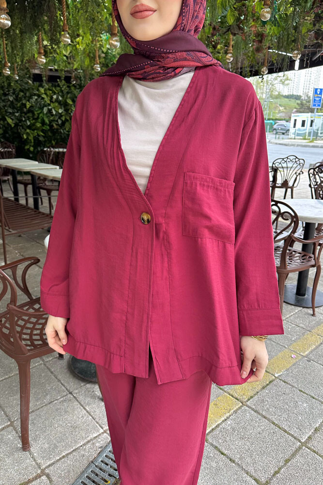 Tek Düğmeli Keten Kimono Takım - Bordo - 7