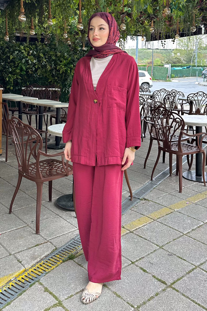 Tek Düğmeli Keten Kimono Takım - Bordo - 1