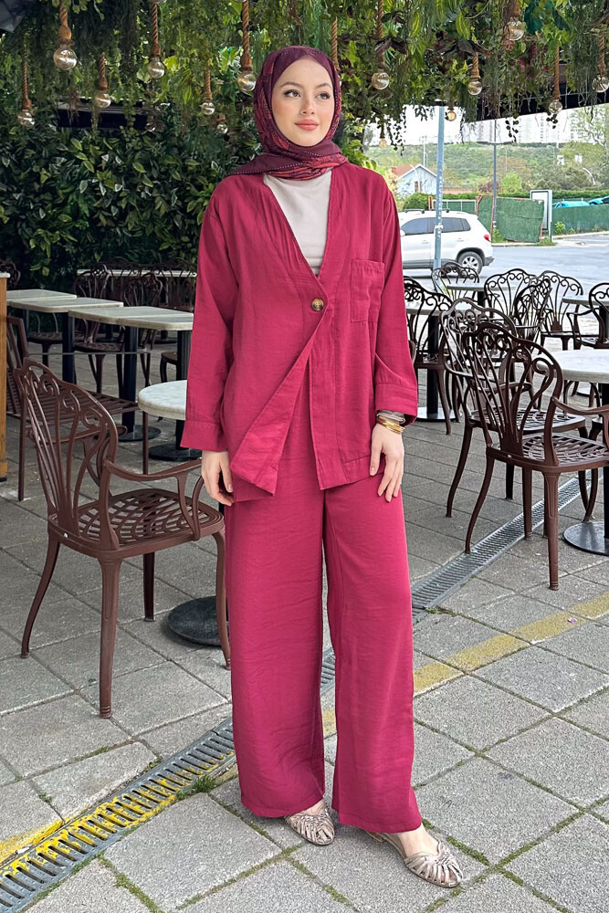 Tek Düğmeli Keten Kimono Takım - Bordo - 3