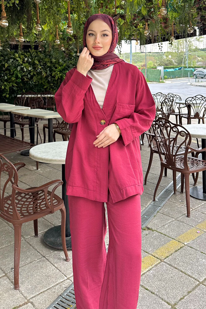 Tek Düğmeli Keten Kimono Takım - Bordo - 8