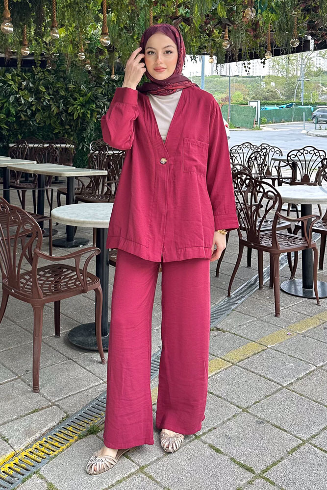 Tek Düğmeli Keten Kimono Takım - Bordo - 4