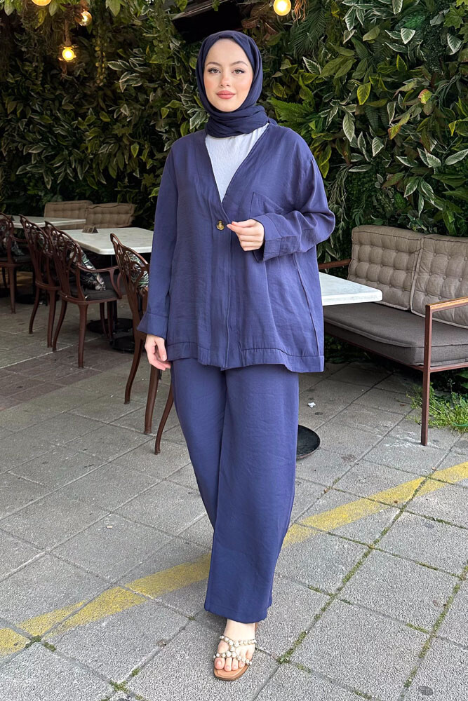 Tek Düğmeli Keten Kimono Takım - Lacivert 