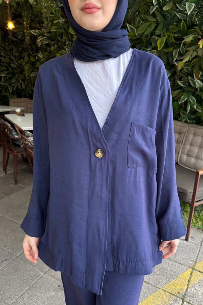 Tek Düğmeli Keten Kimono Takım - Lacivert - 6