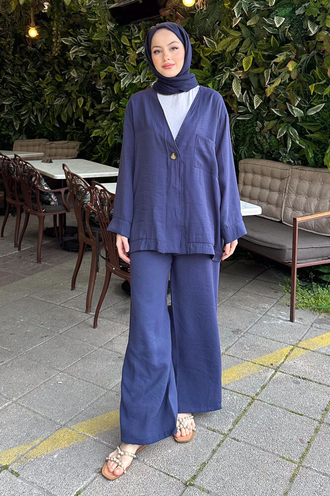 Tek Düğmeli Keten Kimono Takım - Lacivert - 4