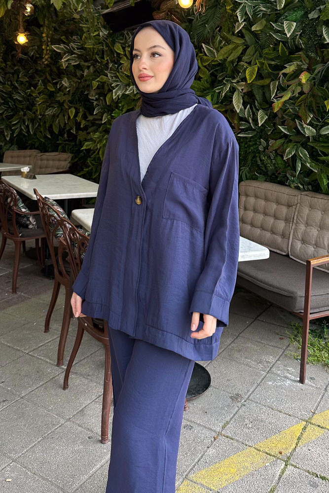 Tek Düğmeli Keten Kimono Takım - Lacivert - 3