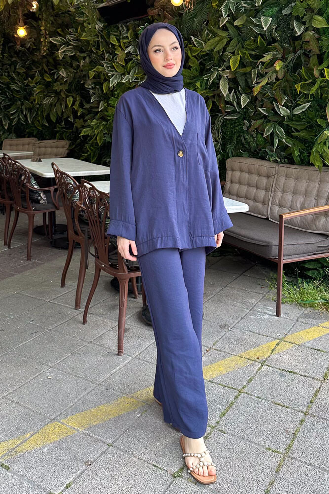 Tek Düğmeli Keten Kimono Takım - Lacivert - 2
