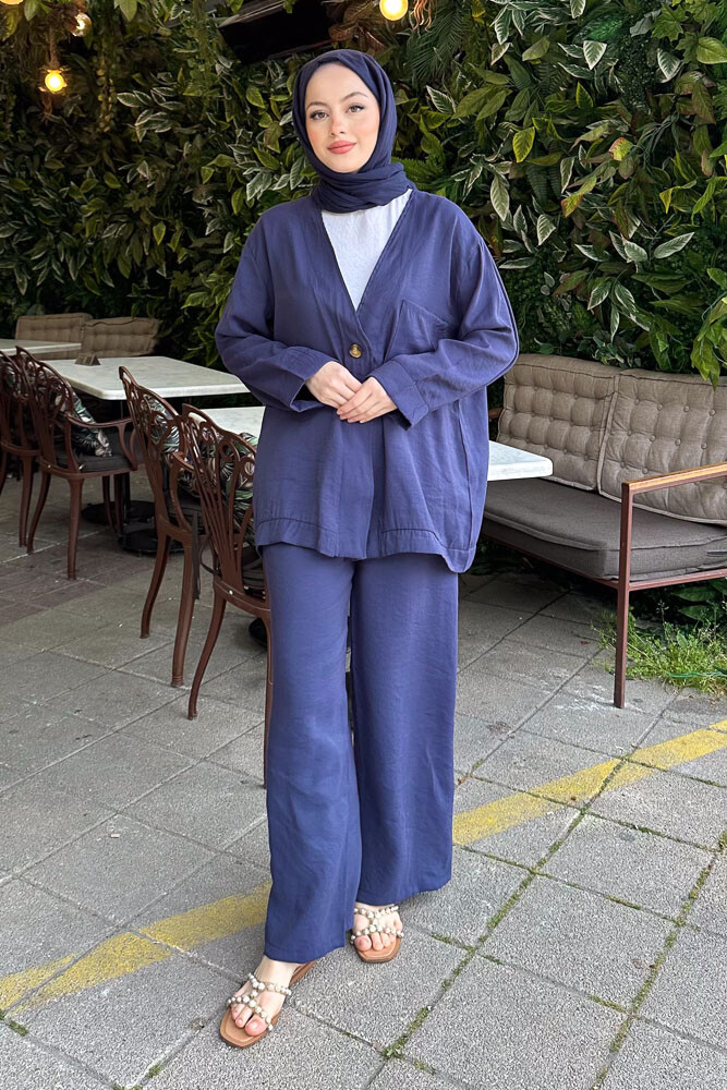 Tek Düğmeli Keten Kimono Takım - Lacivert - 5