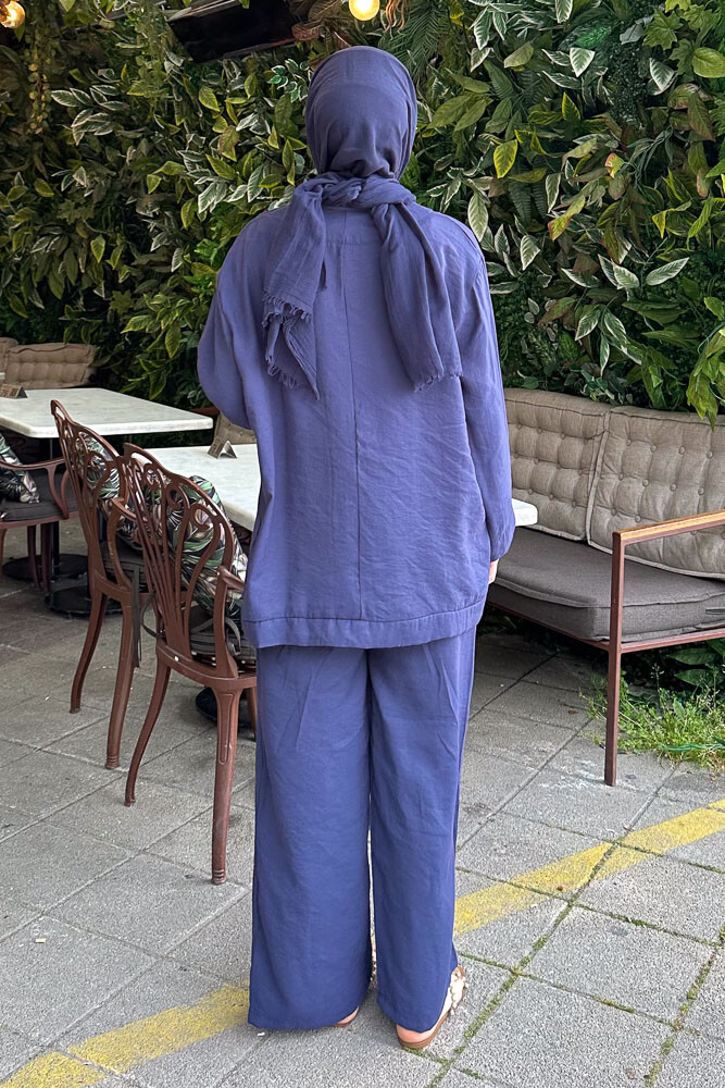 Tek Düğmeli Keten Kimono Takım - Lacivert - 8