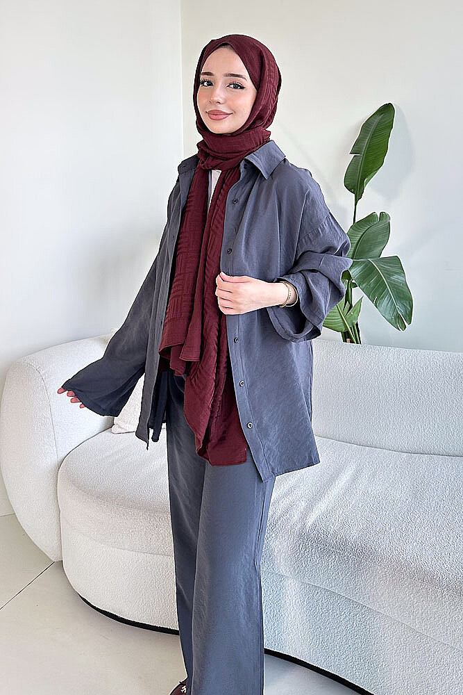 Tencel Bağcıklı Basic Pantolon Takım - Antrasit - ENMA (3)