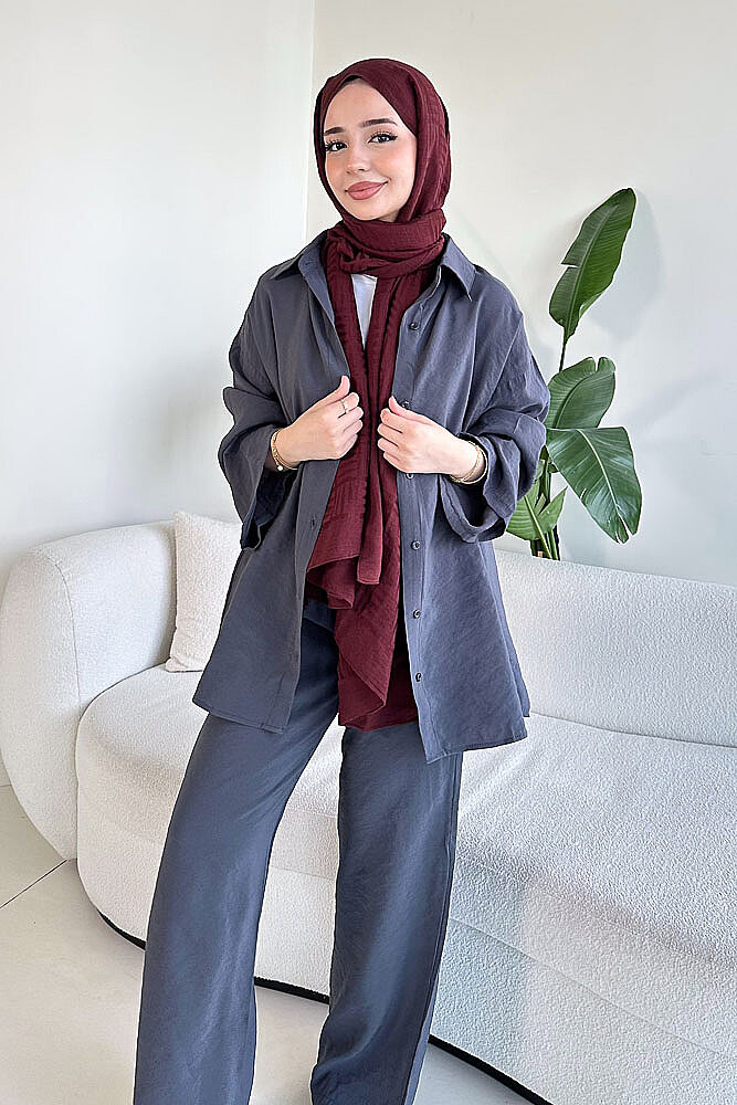Tencel Bağcıklı Basic Pantolon Takım - Antrasit - 2