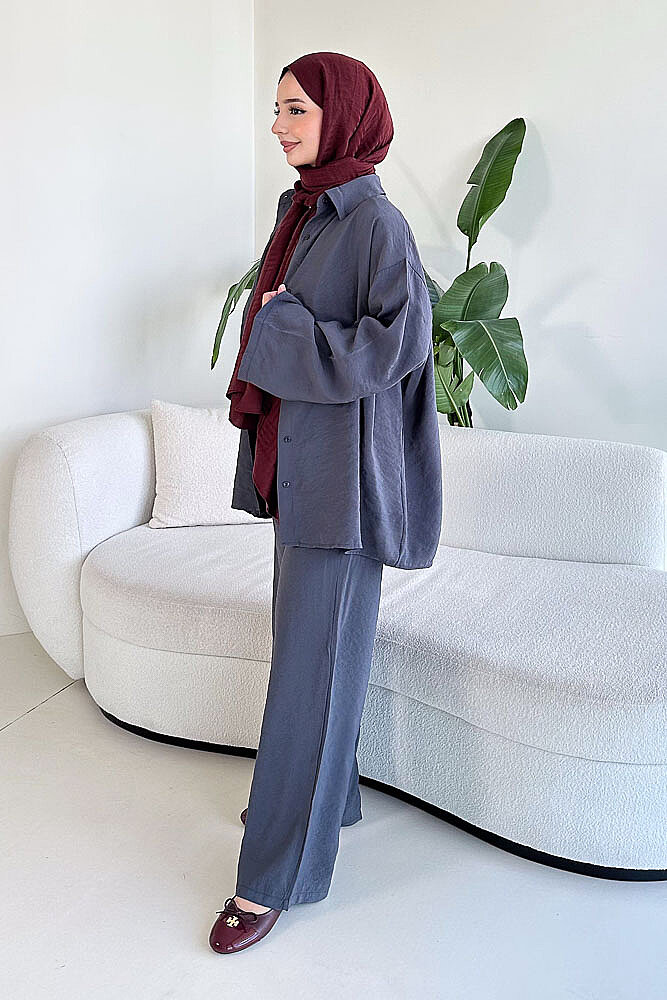 Tencel Bağcıklı Basic Pantolon Takım - Antrasit - 5