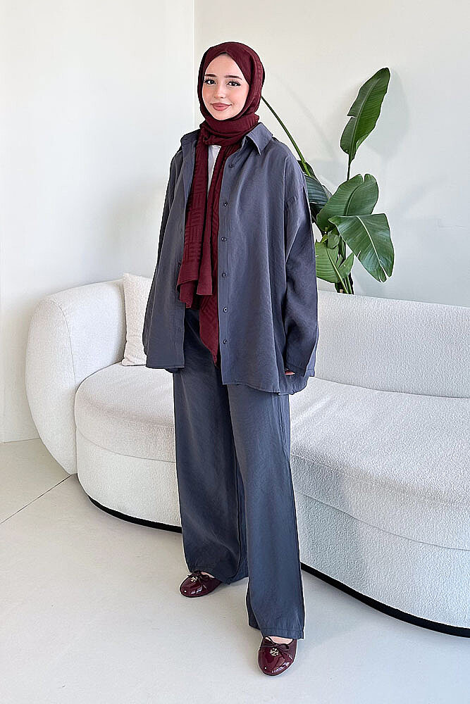 Tencel Bağcıklı Basic Pantolon Takım - Antrasit - 1