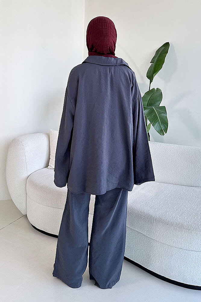 Tencel Bağcıklı Basic Pantolon Takım - Antrasit - 6